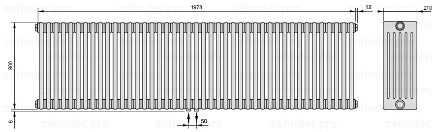 Схема (чертеж) Радиатор Zehnder Charleston 6090/43 №3470 Белый глянцевый RAL 9016